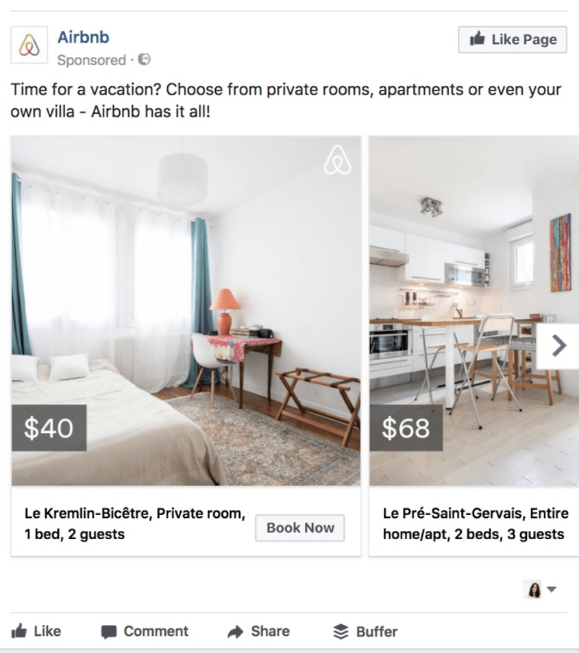 AirBnb Facebook remarketing ads