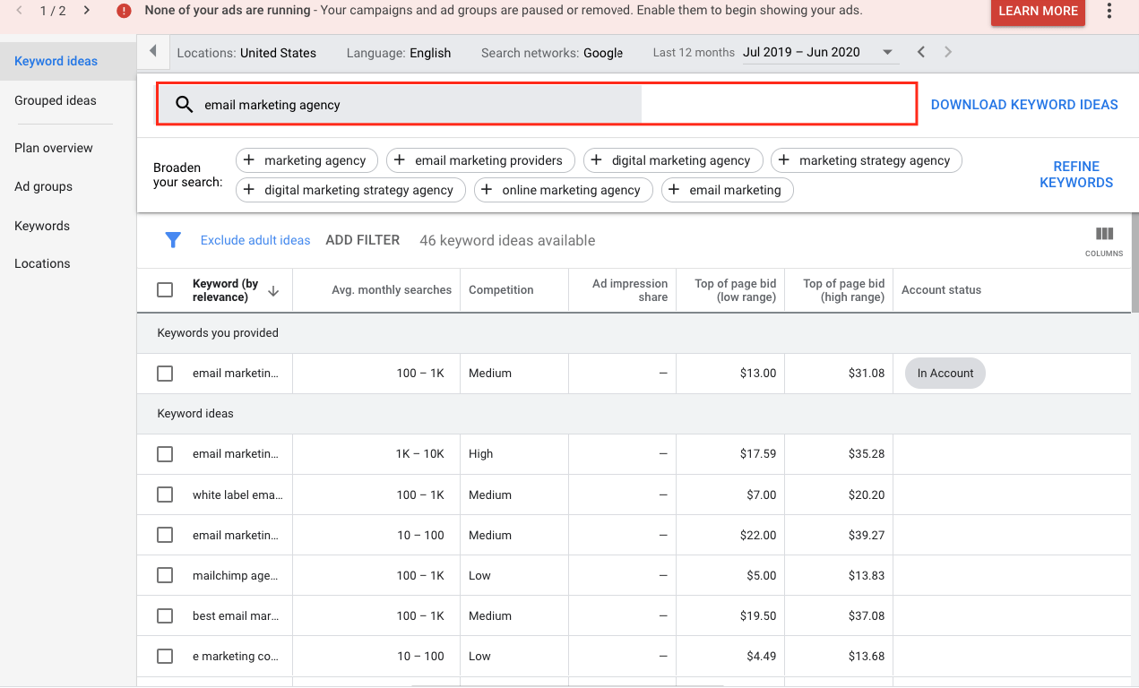 Google keyword planner