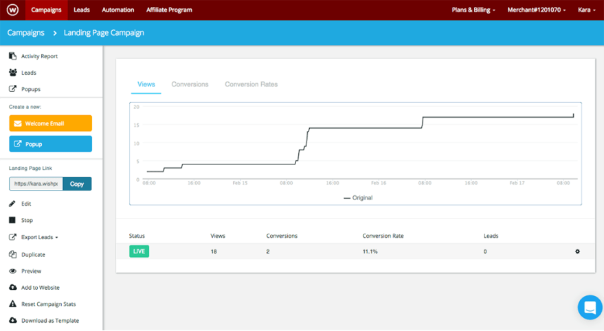 WishPond’s dashboard, displaying data on views and conversion rates.