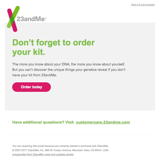 Cart abandonment email 23andMe
