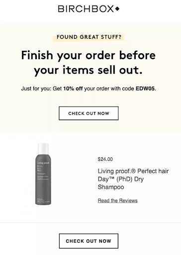 Cart abandonment email BirchBox