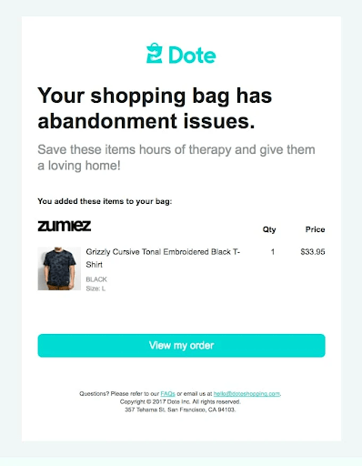 Cart abandonment email Dote
