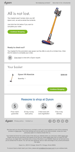 Cart abandonment email Dyson