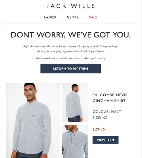 Cart abandonment email Jack Wills