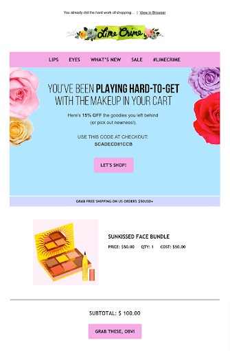 Cart Abandonment Email LimeCrime