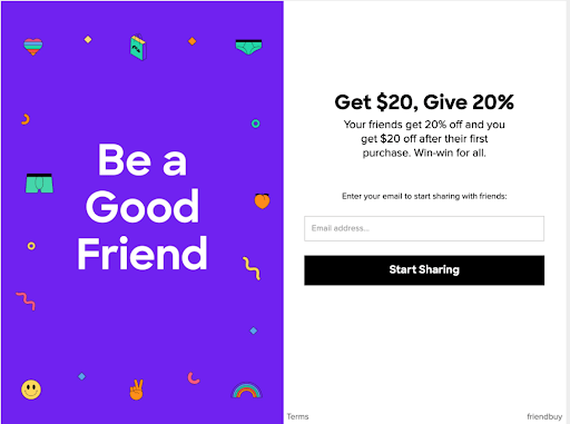 A referral program message by FriendBuy that offers a referral discount.