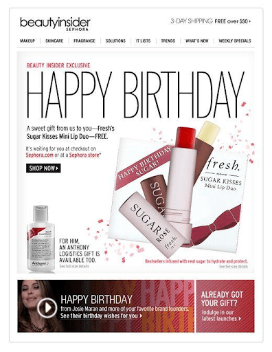 A “happy birthday” marketing email by Sephora that offers the recipient a free gift.
