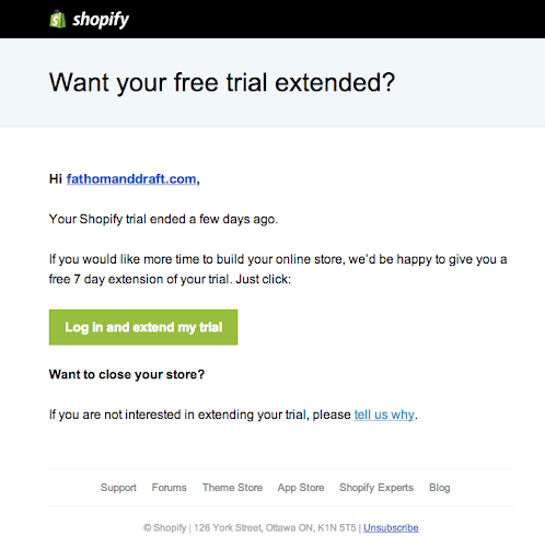 An automated trial extension notification by Shopify.