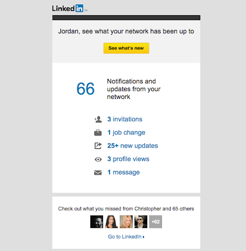  A notification by LinkedIn that highlights what the user missed in their absence.