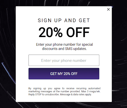 An opt-in form offering a discount for signing up for SMS marketing messages.