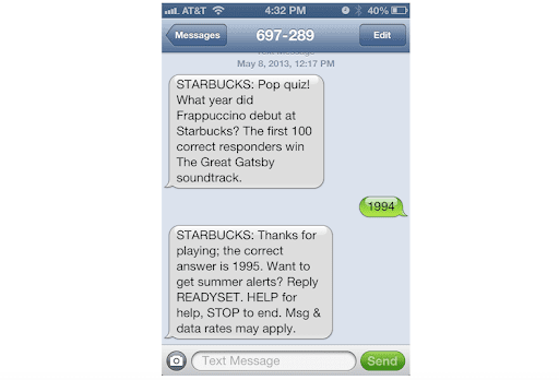  An example of interactive SMS marketing by Starbucks.